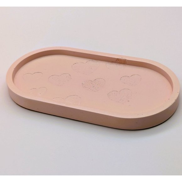 Oval Trinket Tray Pink with Imbedded Hearts 7 Inches Handmade NEW - Picture 2 of 6